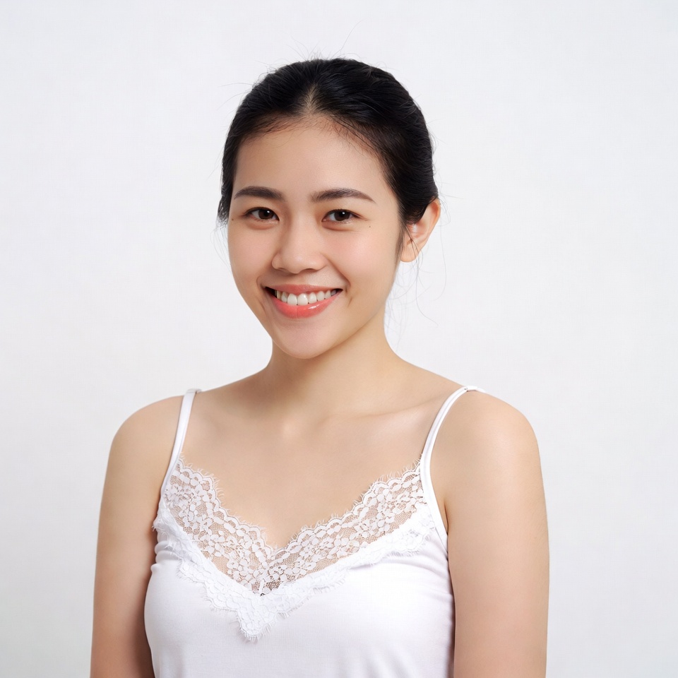 Asian woman in lace camisole smiling Asian woman in lace camisole smiling