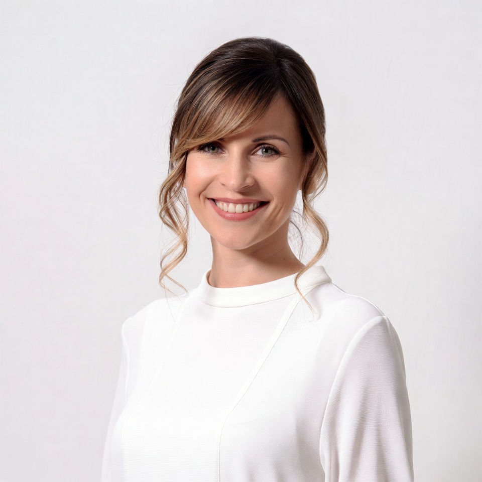 Smiling woman with wavy brown hair Smiling woman with wavy brown hair
