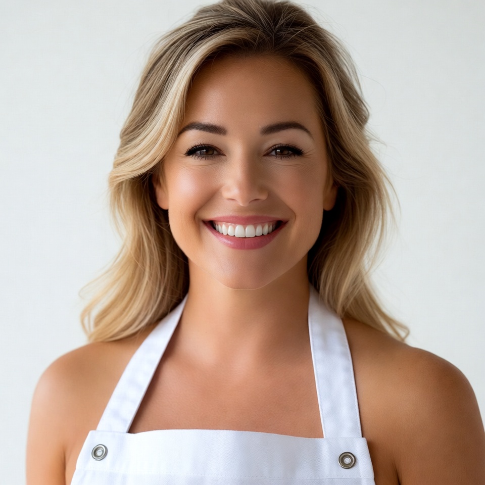 Smiling woman in white apron Smiling woman in white apron
