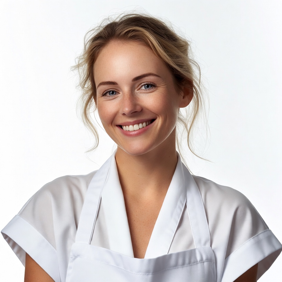 Smiling woman in white apron Smiling woman in white apron