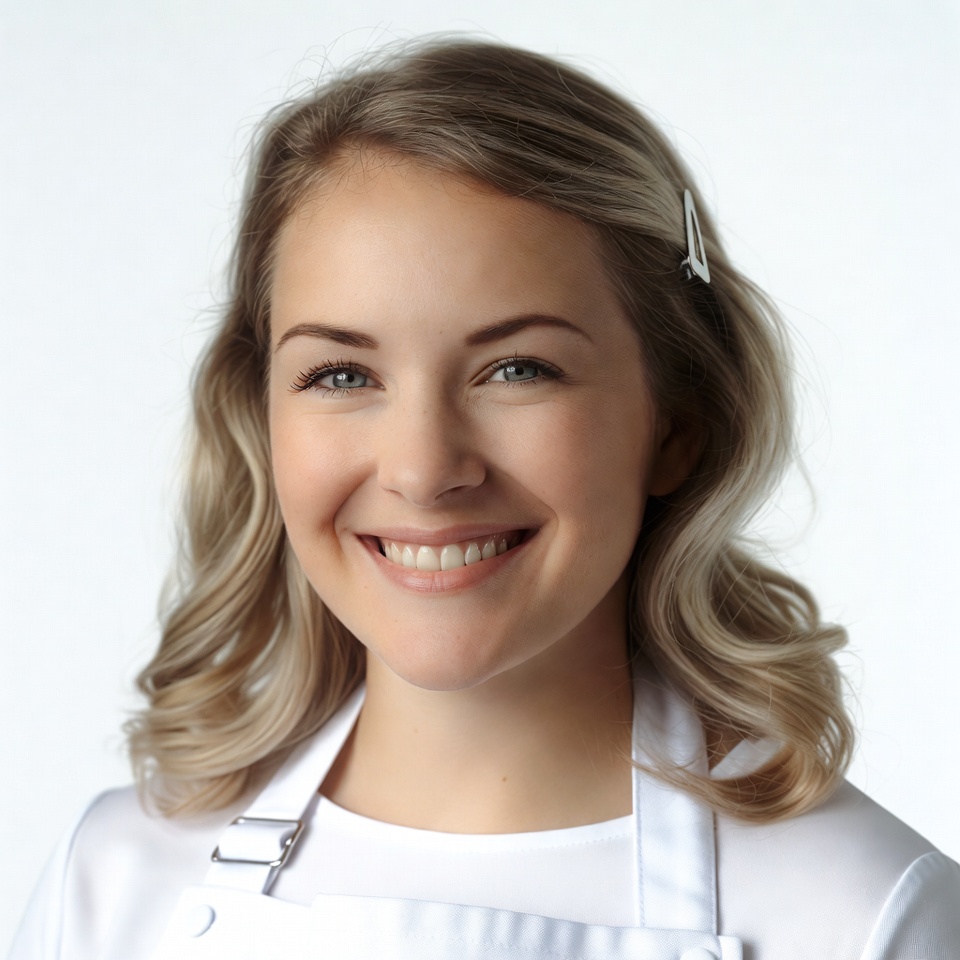 Smiling woman in white chef uniform Smiling woman in white chef uniform