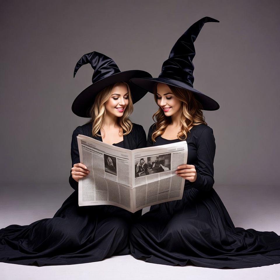 Twin witches reading newspaper Twin witches reading newspaper