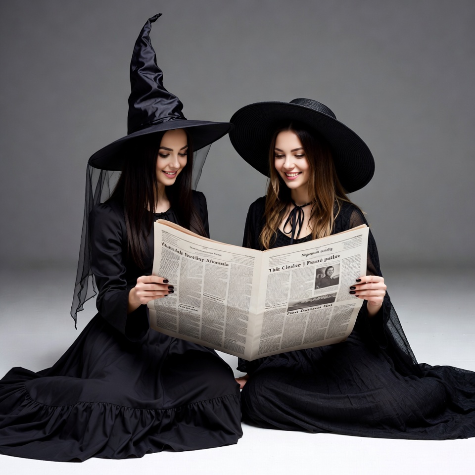 Two witches reading newspaper Two witches reading newspaper