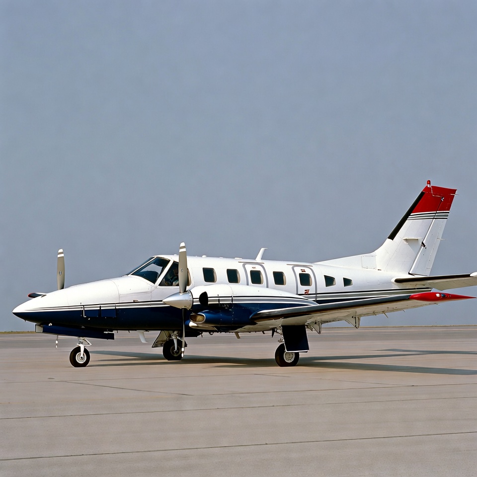 White Twin-Engine Propeller Plane on Tarmac White Twin-Engine Propeller Plane on Tarmac
