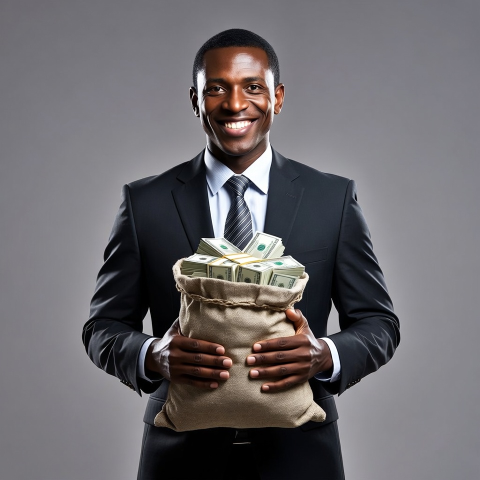 African-American man holding money bag African-American man holding money bag