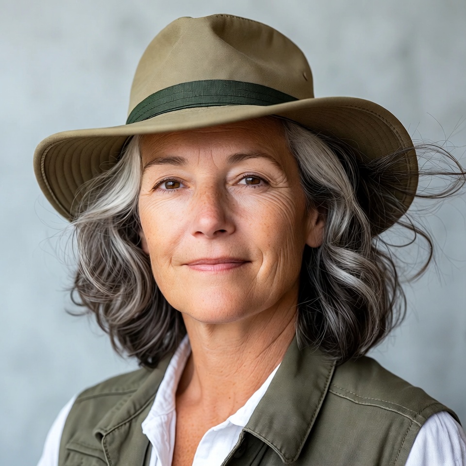 Smiling woman in beige hat and vest Smiling woman in beige hat and vest