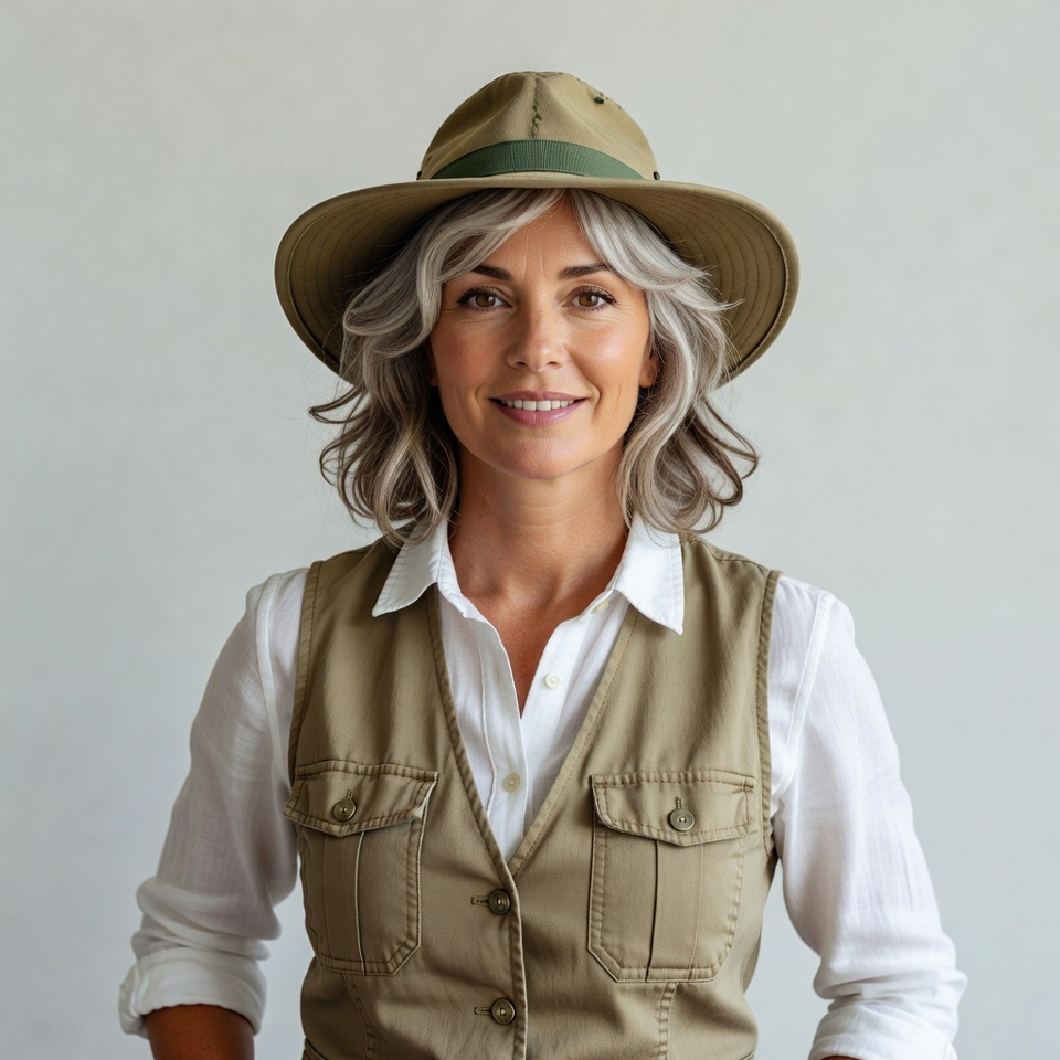 Woman wearing safari hat and vest Woman wearing safari hat and vest