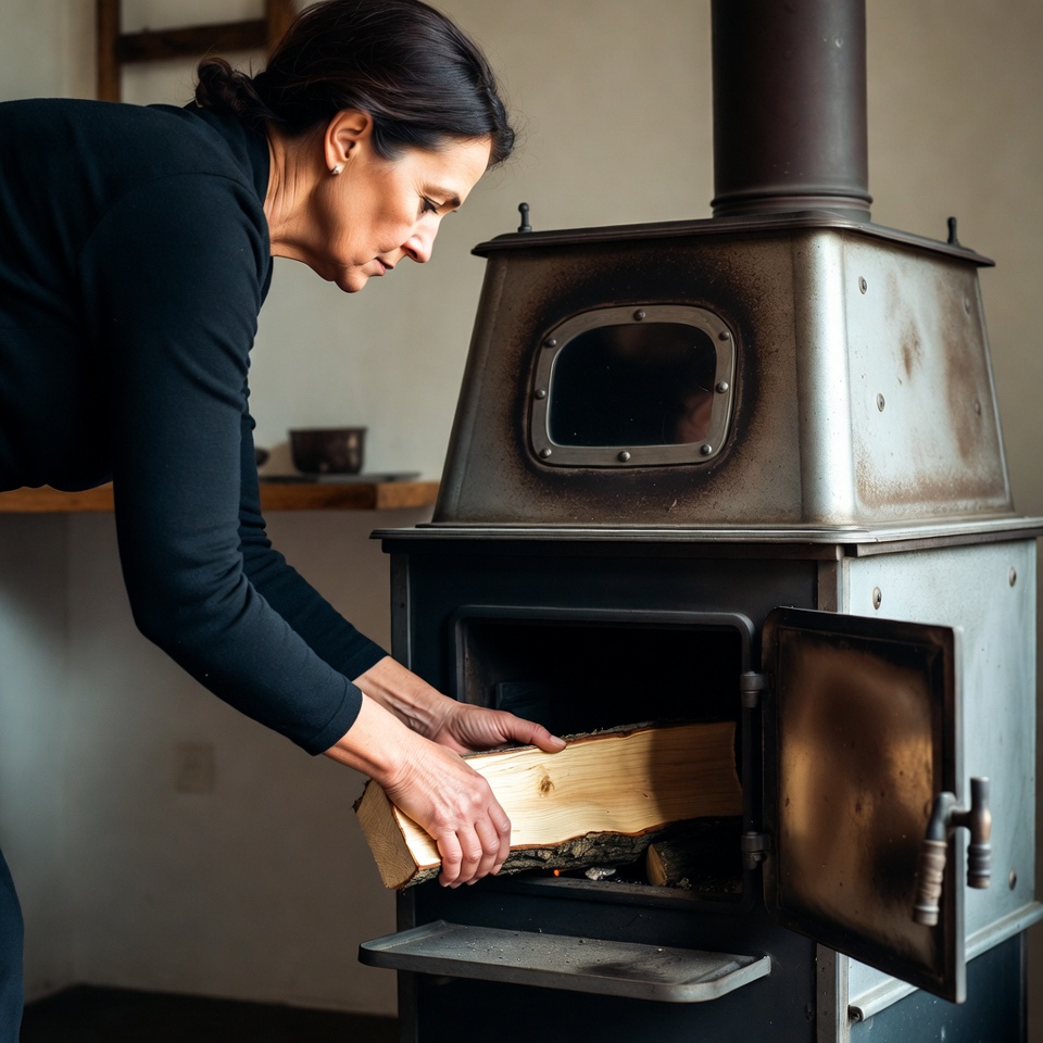 Woman loading wood into stove Woman loading wood into stove