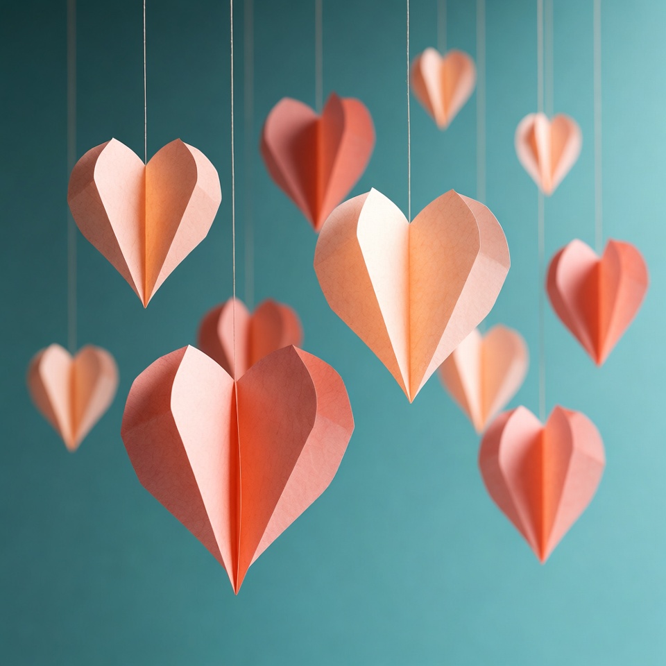 Hanging Origami Hearts on Blue Background Hanging Origami Hearts on Blue Background