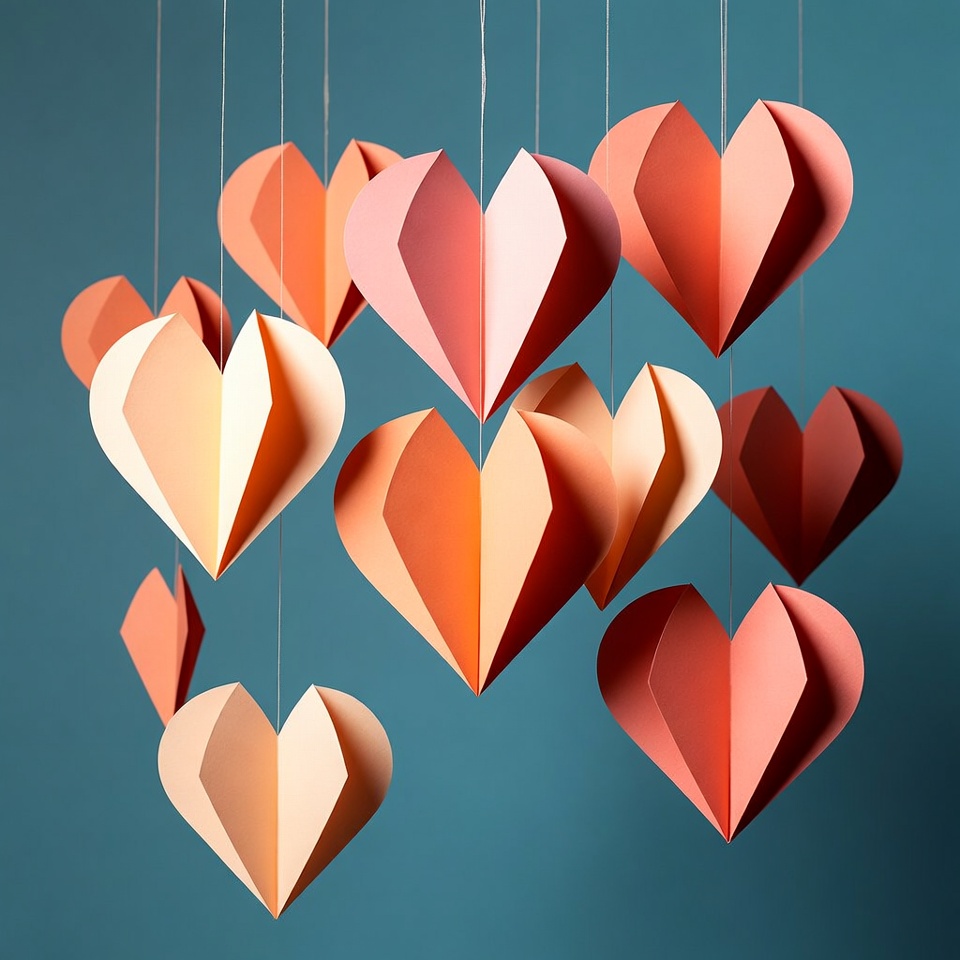 Hanging Paper Hearts on Blue Background Hanging Paper Hearts on Blue Background