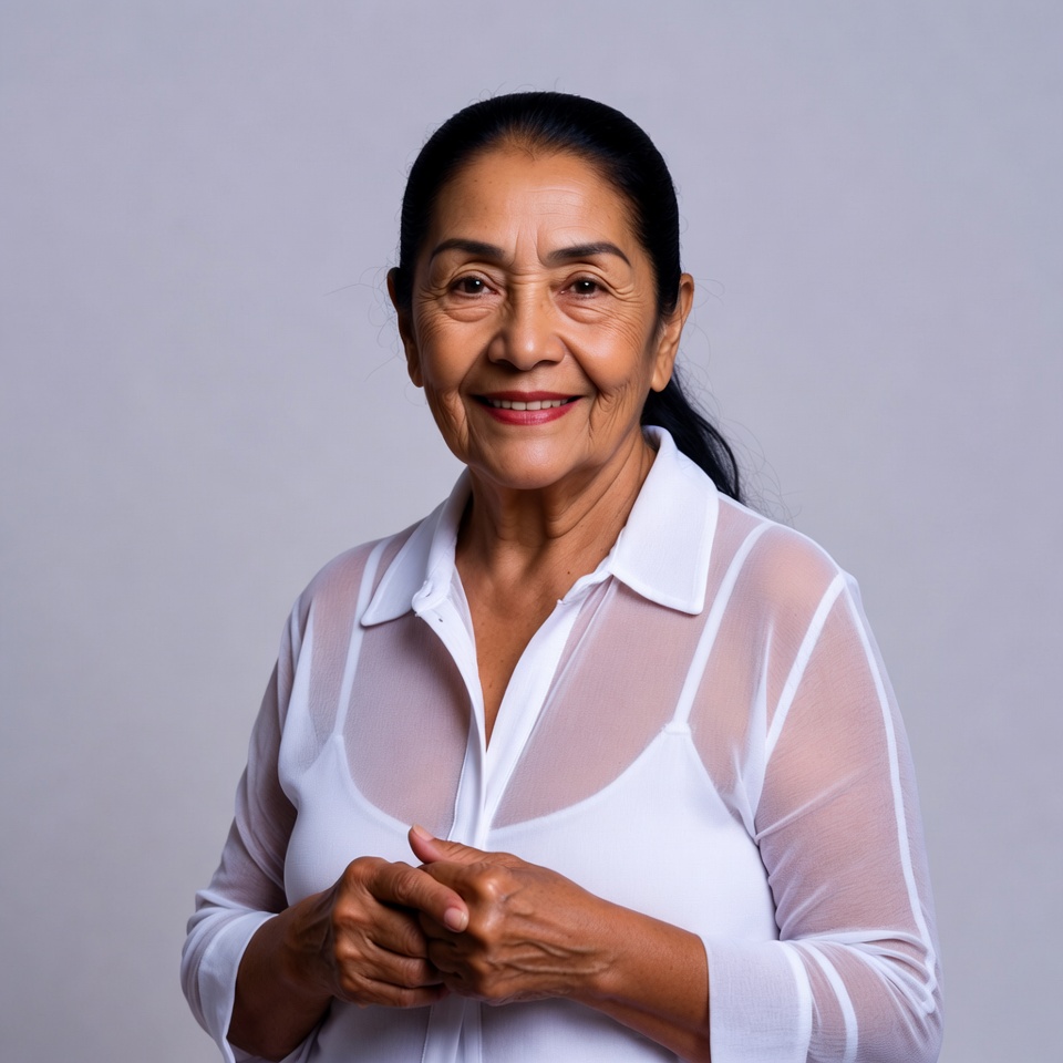 Smiling Latino woman in sheer blouse Smiling Latino woman in sheer blouse