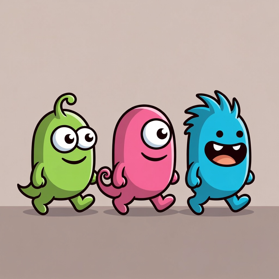 Three Cute Cartoon Monsters Walking Three Cute Cartoon Monsters Walking