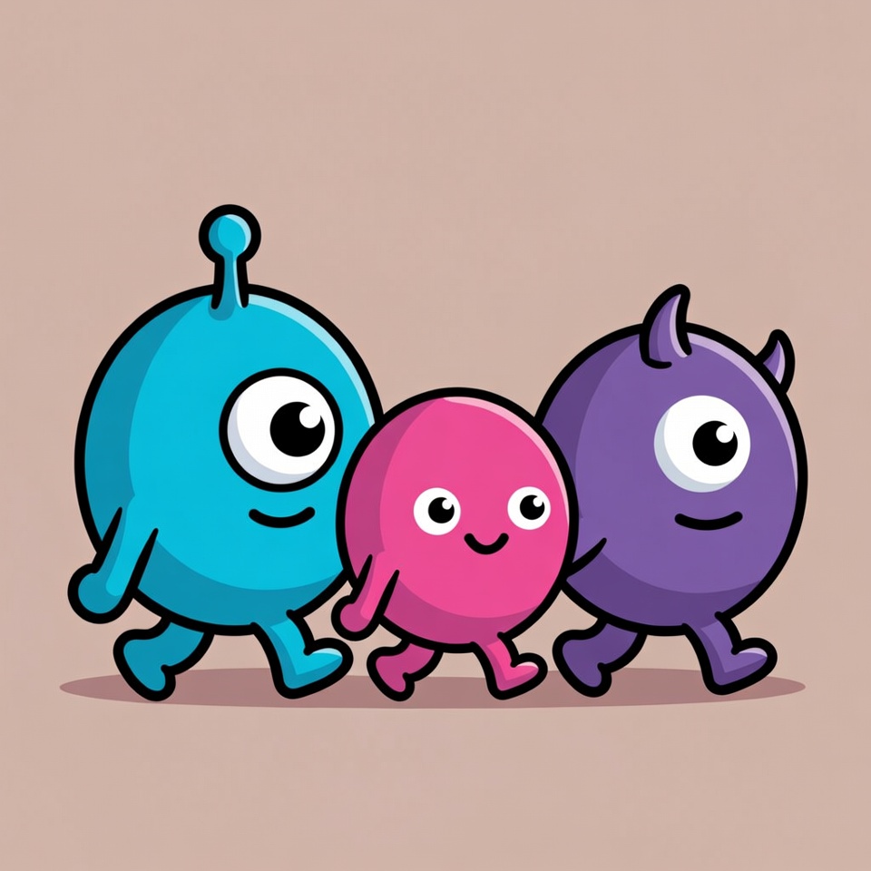 Blue, Pink, Purple Monsters Walking Together Blue, Pink, Purple Monsters Walking Together