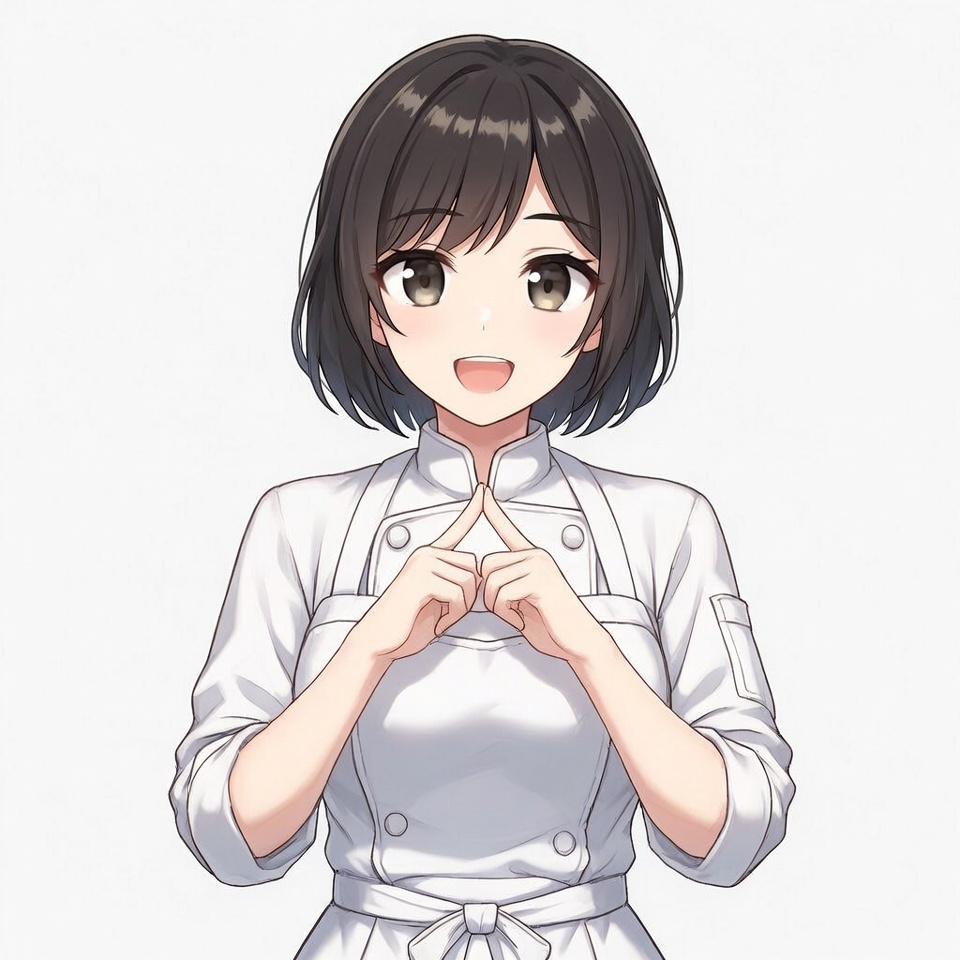 Anime girl chef smiling with hands clasped Anime girl chef smiling with hands clasped