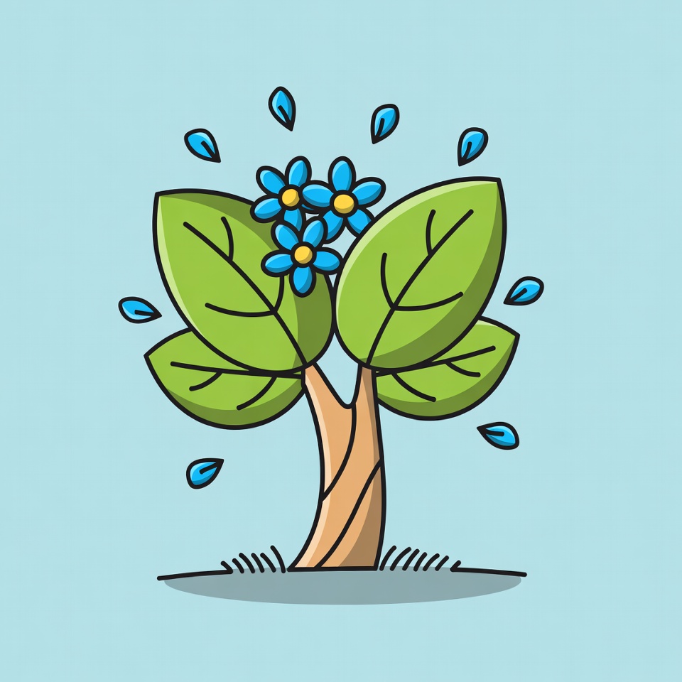 Cartoon Tree with Blue Flowers and Water Drops Cartoon Tree with Blue Flowers and Water Drops