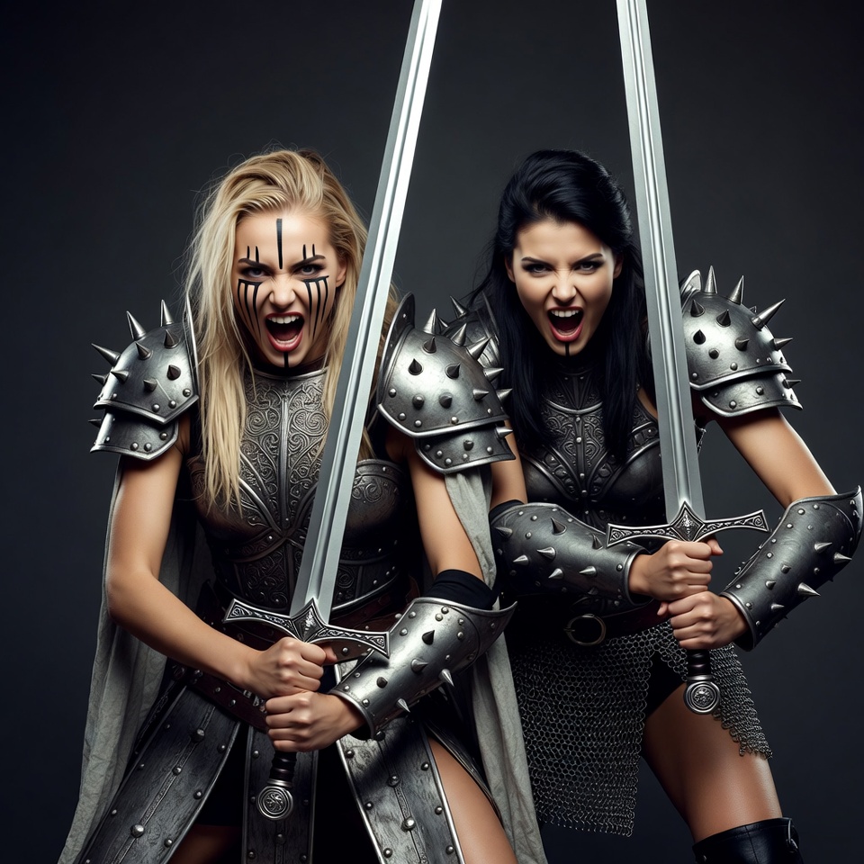 Two fierce women warriors with swords Two fierce women warriors with swords