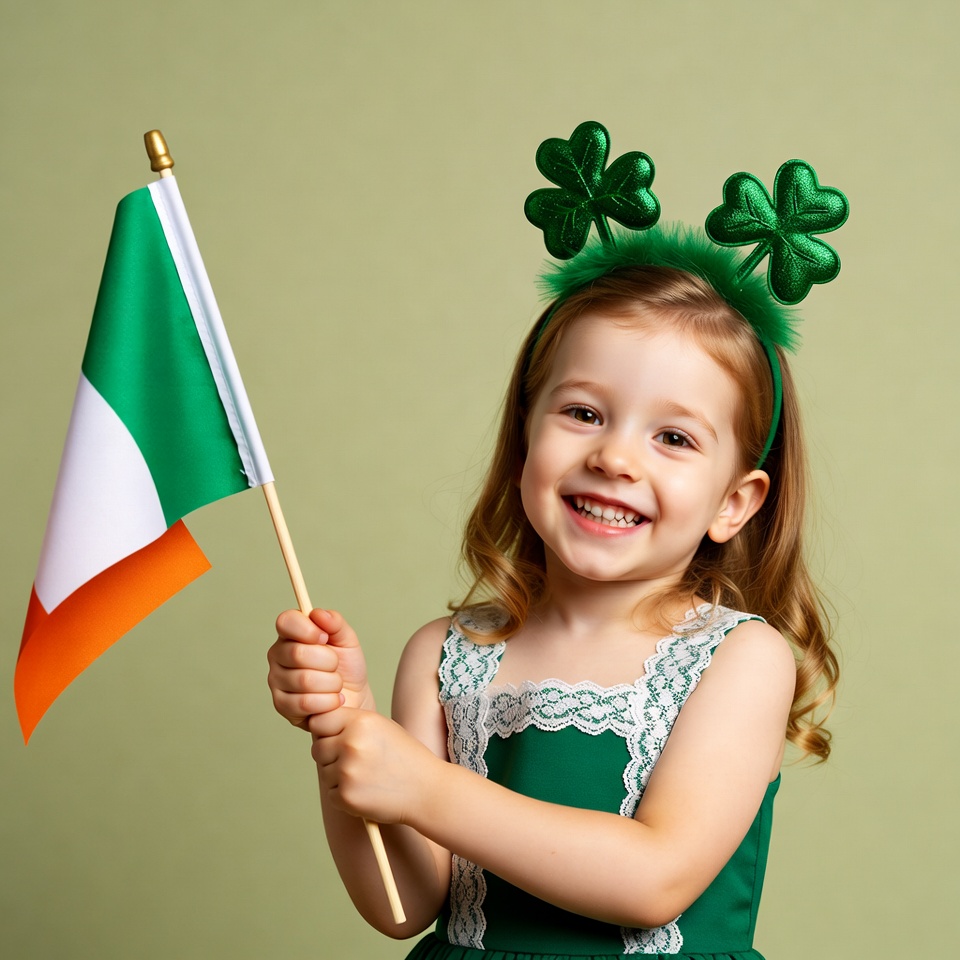 Girl holding Irish flag with shamrocks Girl holding Irish flag with shamrocks
