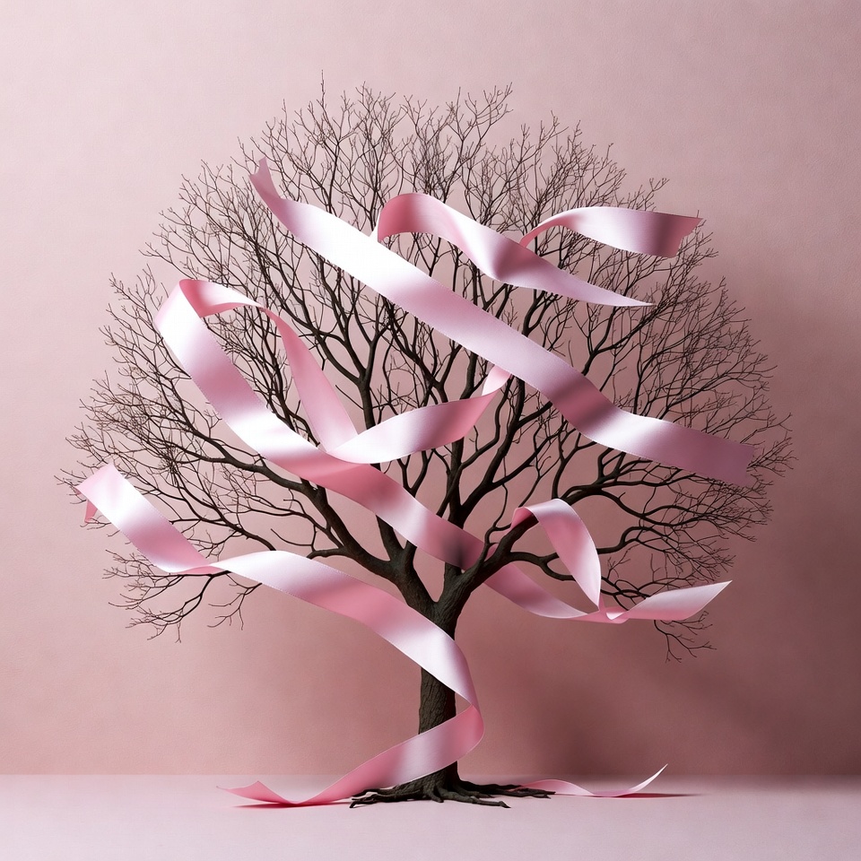 Bare tree wrapped in pink ribbons Bare tree wrapped in pink ribbons