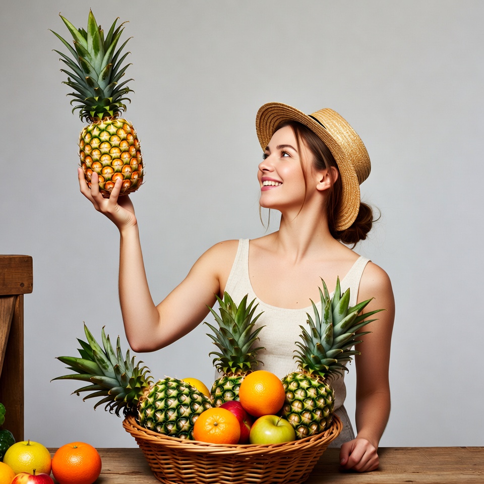 Woman holding pineapple with fruit basket Woman holding pineapple with fruit basket