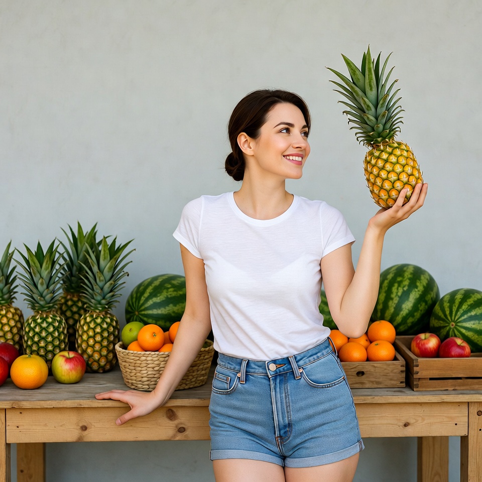 Woman holding pineapple at fruit stand Woman holding pineapple at fruit stand