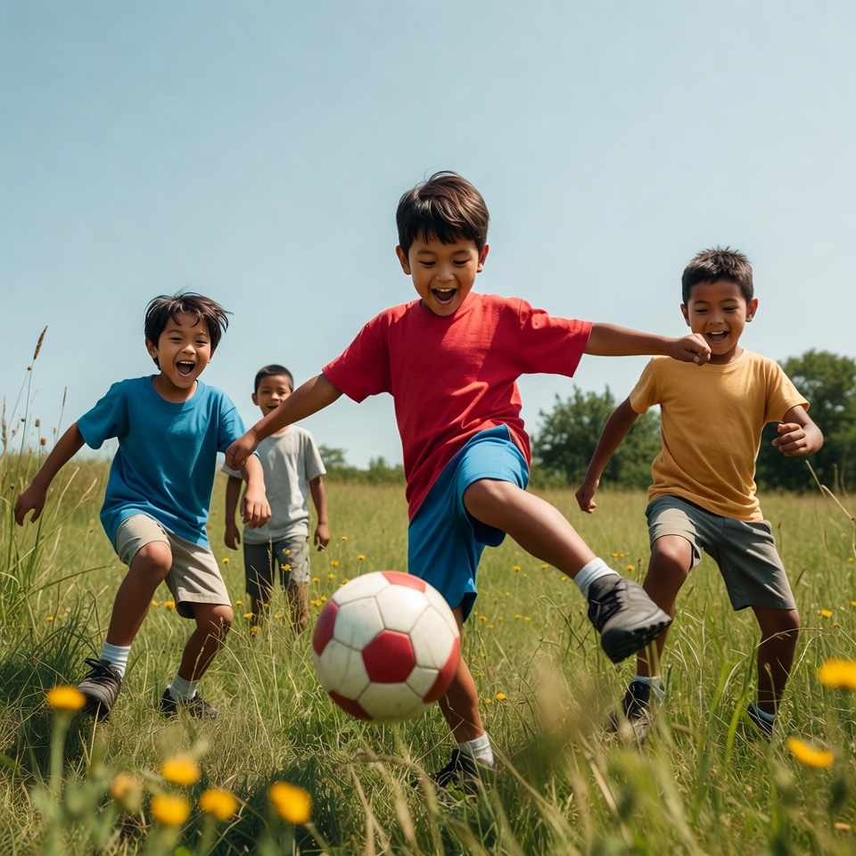 Boys playing soccer in grassy field Boys playing soccer in grassy field