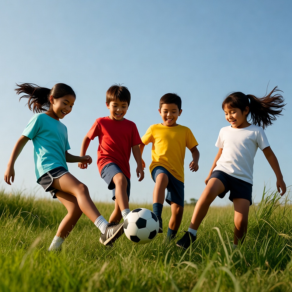 Asian kids playing soccer in grass Asian kids playing soccer in grass