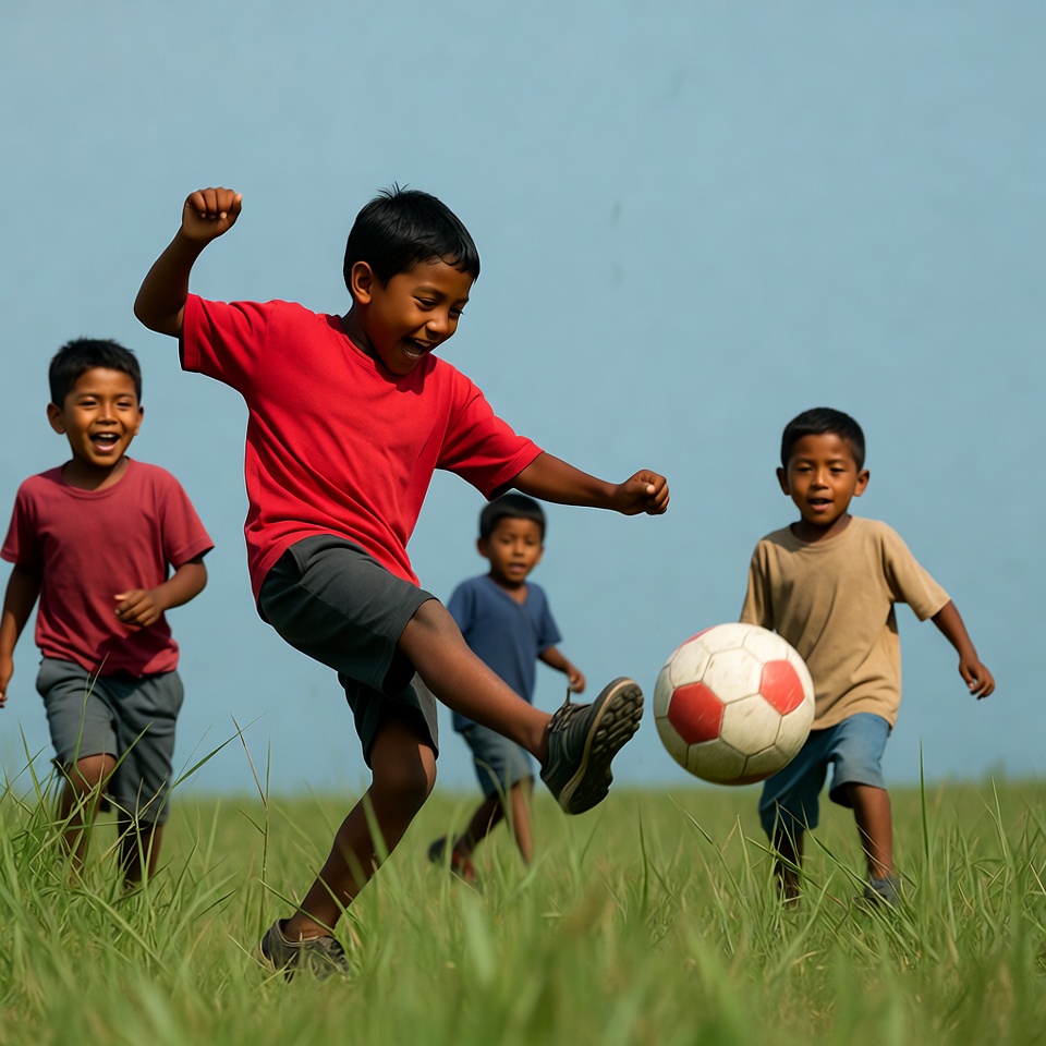 Asian boys kicking soccer ball in grass Asian boys kicking soccer ball in grass