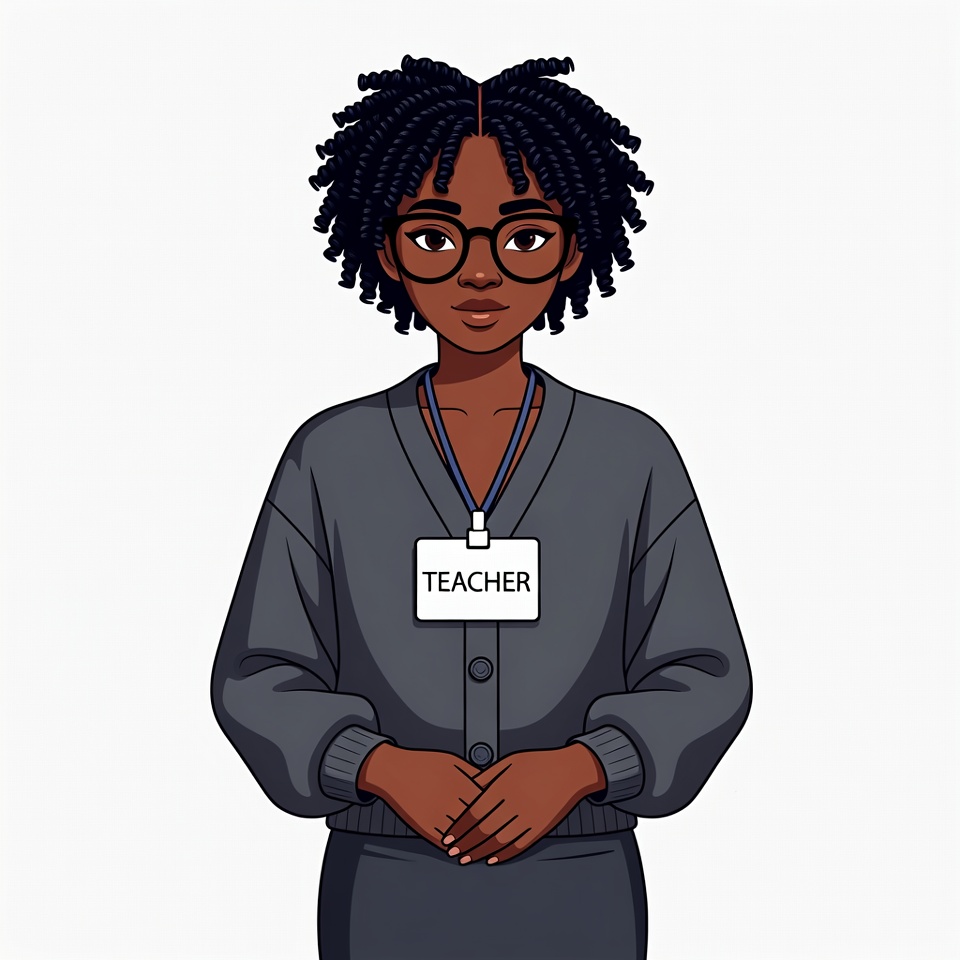 African-American woman teacher with name tag African-American woman teacher with name tag