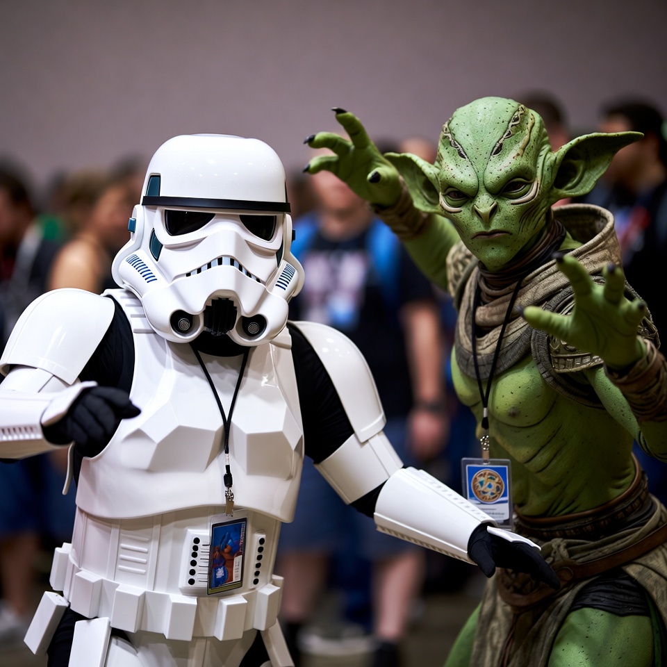 Stormtrooper Posing with Yoda Cosplay Stormtrooper Posing with Yoda Cosplay
