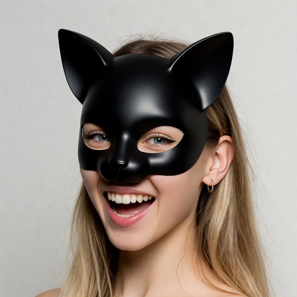 Woman smiling in black cat mask Woman smiling in black cat mask