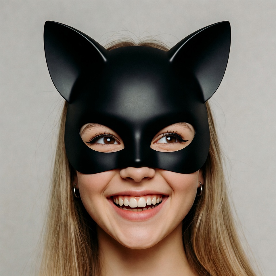 Woman smiling in black cat mask Woman smiling in black cat mask