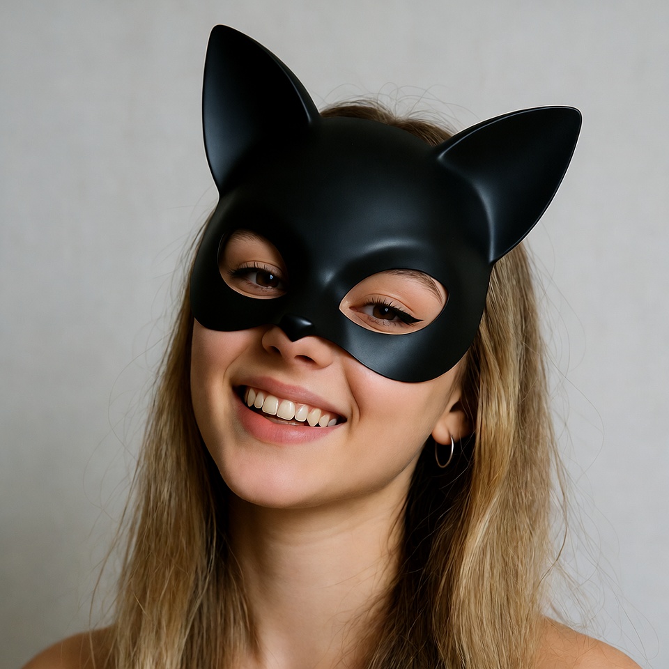 Woman smiling in black cat mask Woman smiling in black cat mask