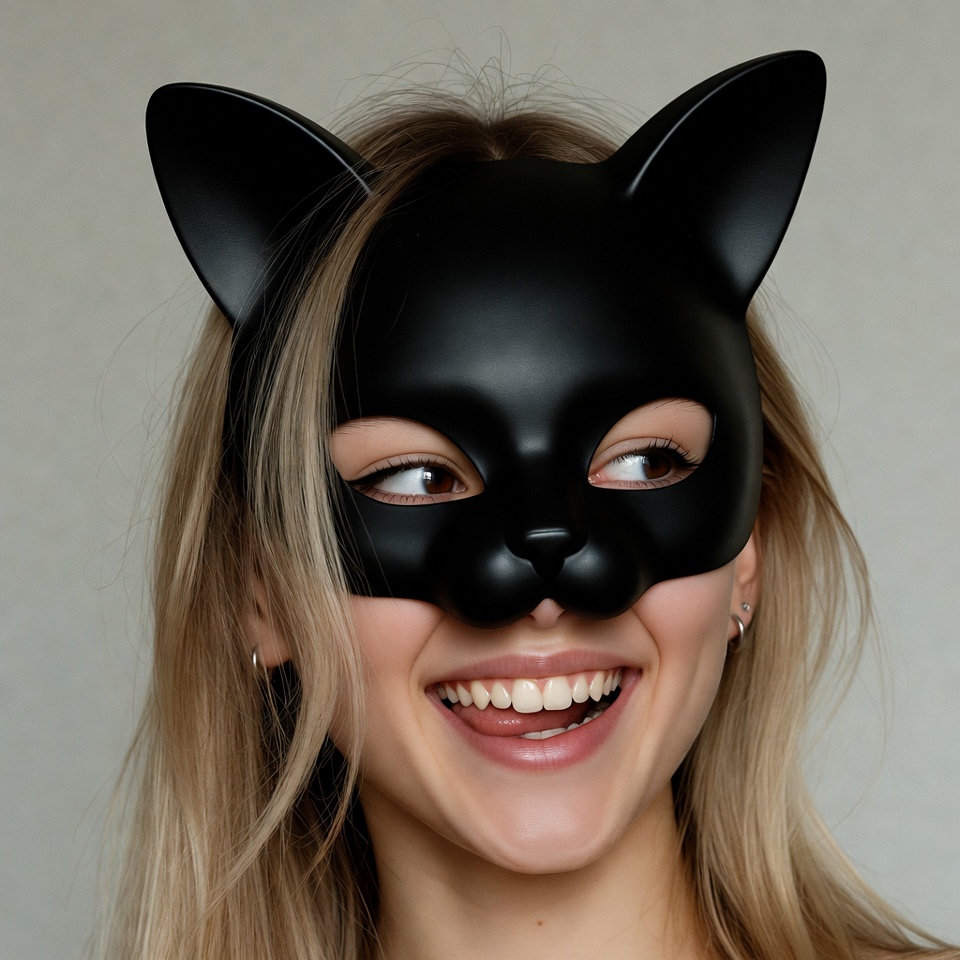 Woman smiling in black cat mask Woman smiling in black cat mask