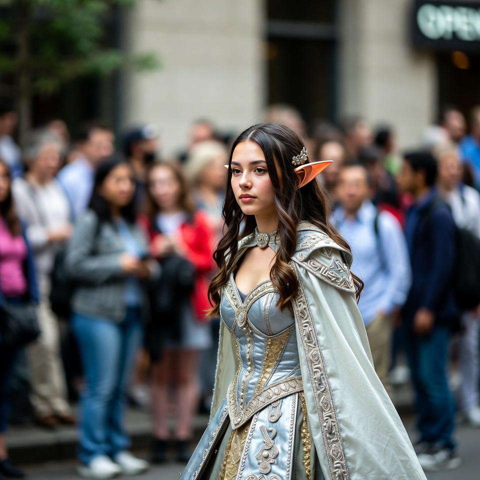 Elf woman in silver gown at street crowd Elf woman in silver gown at street crowd