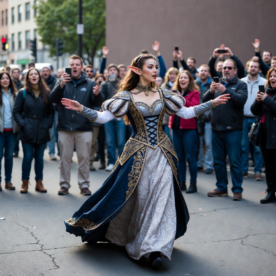 Elf woman cosplay performer on city street Elf woman cosplay performer on city street