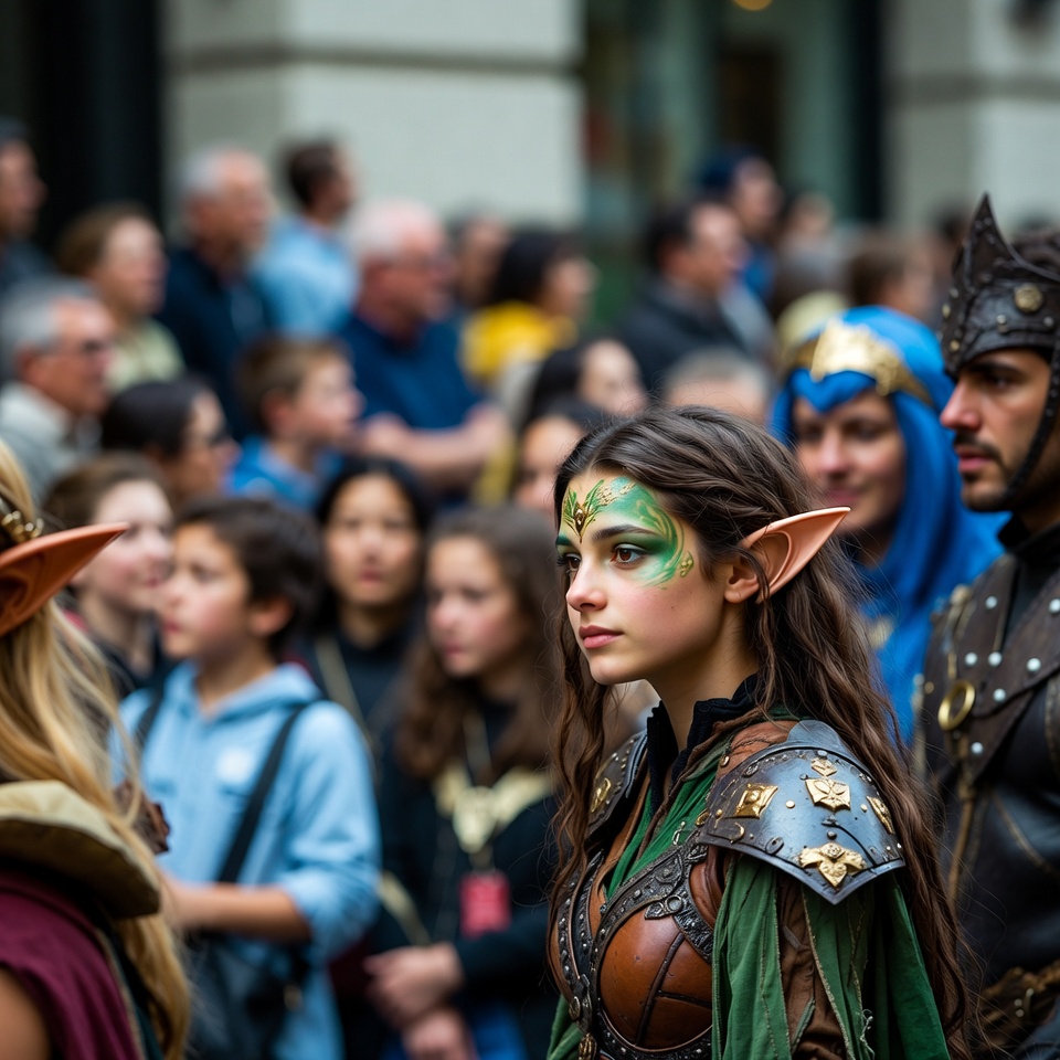 Elf woman cosplay at crowded convention Elf woman cosplay at crowded convention