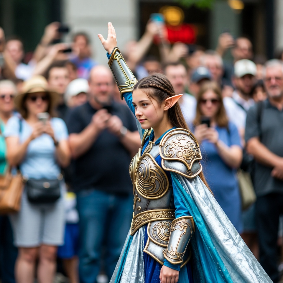 Elf girl cosplayer waving at parade crowd Elf girl cosplayer waving at parade crowd