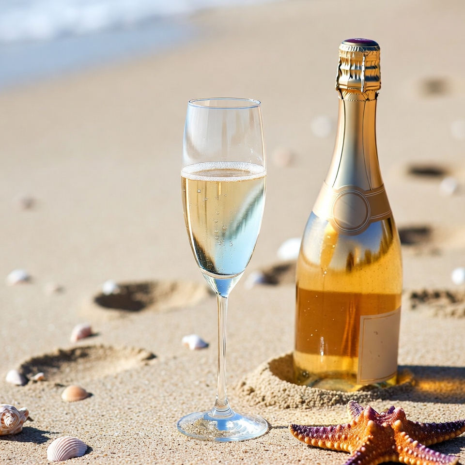 Champagne Glass and Bottle on Beach Champagne Glass and Bottle on Beach