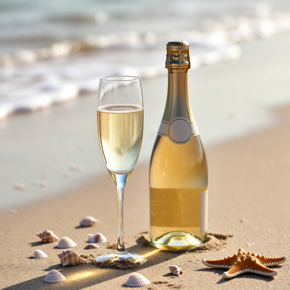 Champagne Glass and Bottle on Beach Champagne Glass and Bottle on Beach