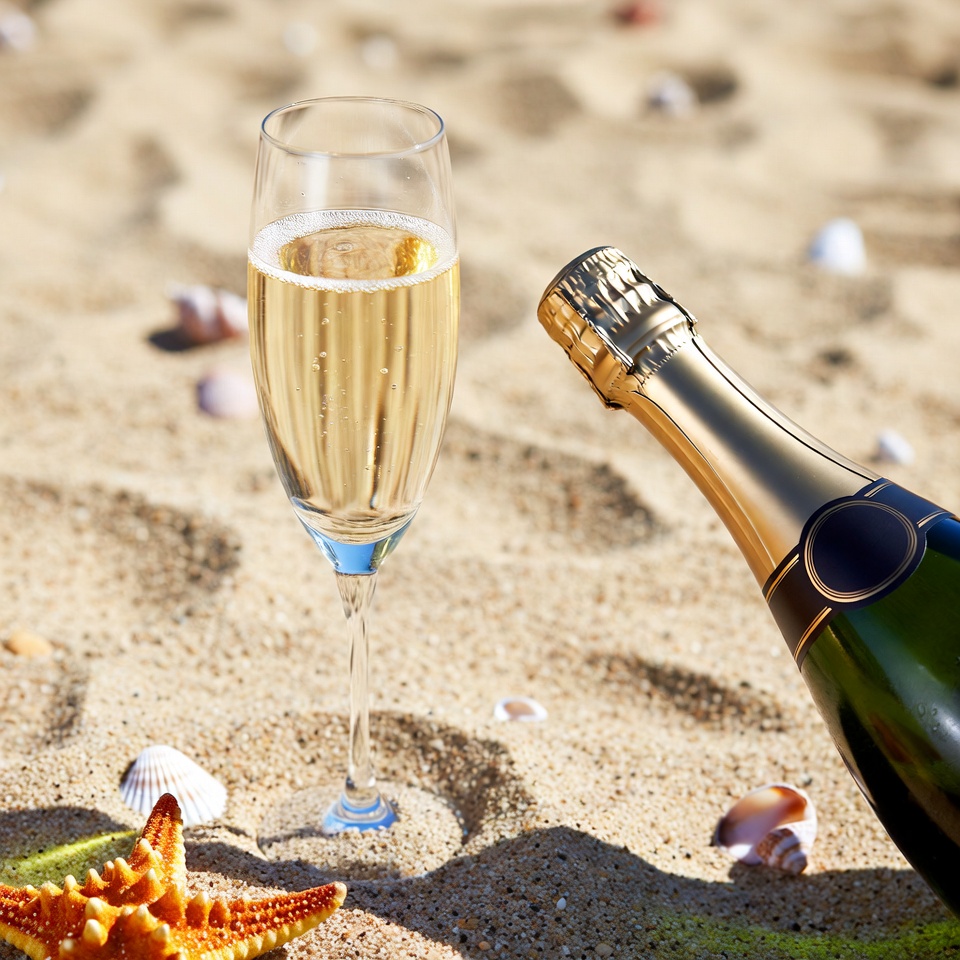 Champagne Glass and Bottle on Beach Champagne Glass and Bottle on Beach