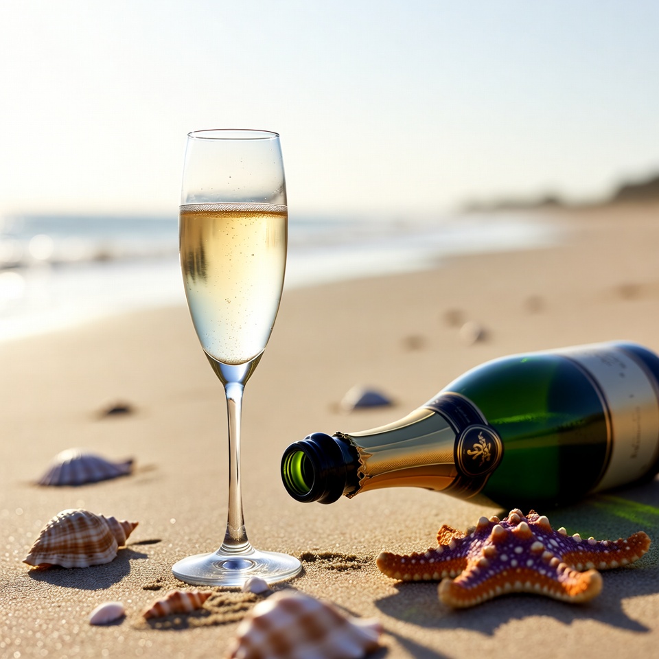 Champagne Glass and Bottle on Beach Champagne Glass and Bottle on Beach