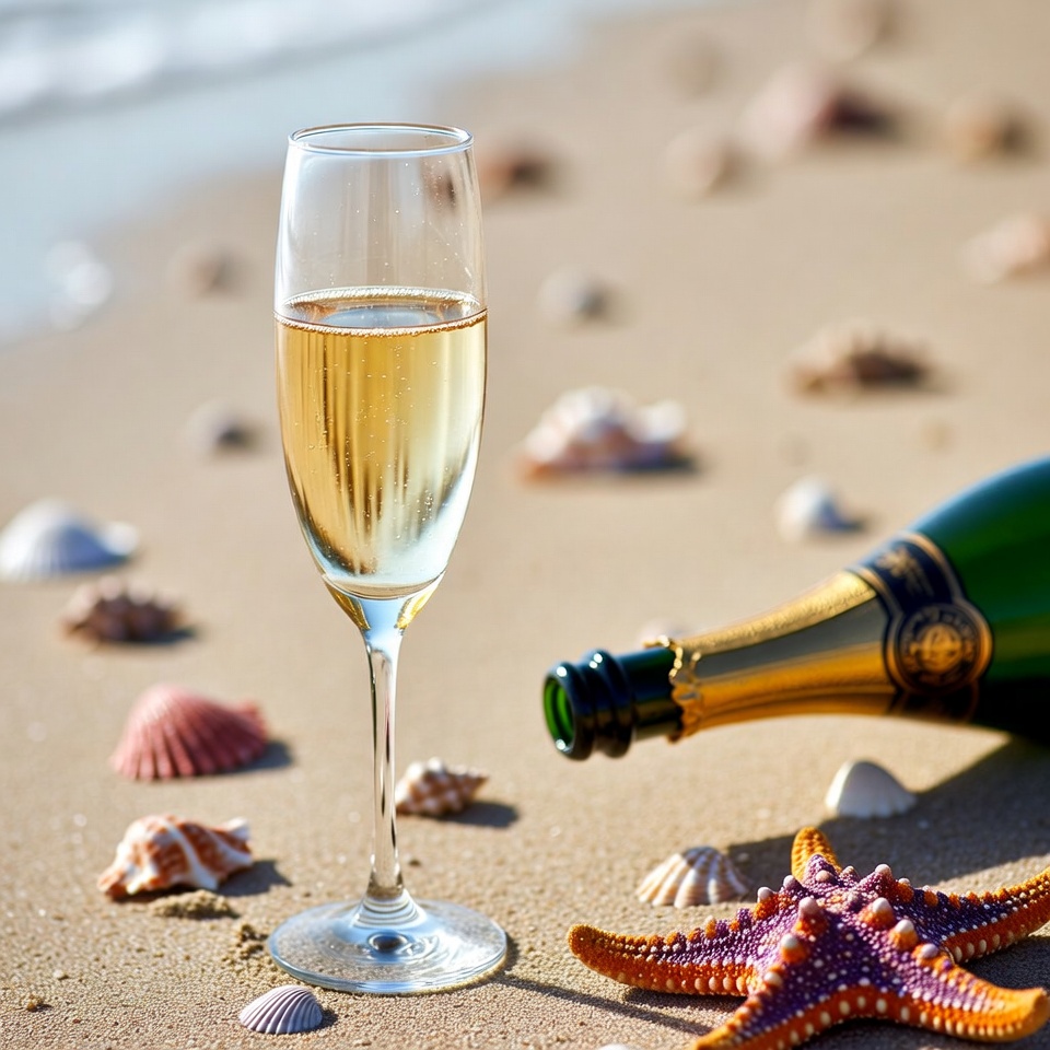 Champagne Glass and Bottle on Beach Champagne Glass and Bottle on Beach