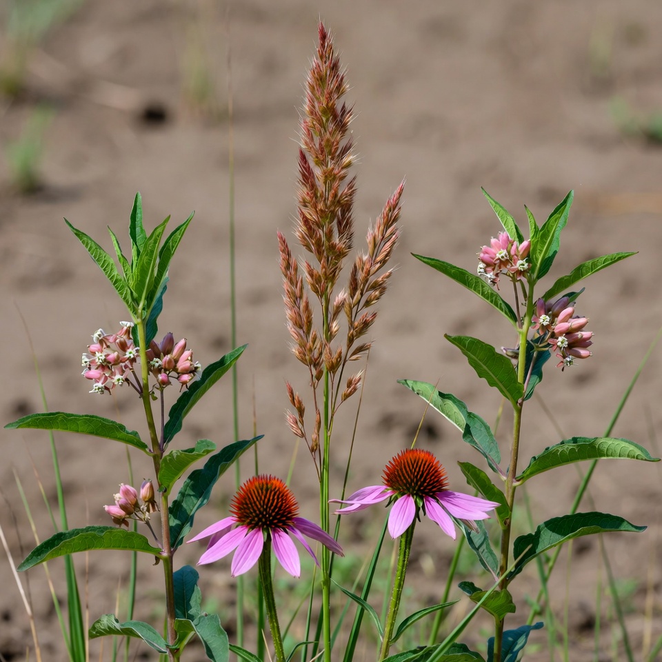Purple Coneflowers with Grasses in Sand Purple Coneflowers with Grasses in Sand