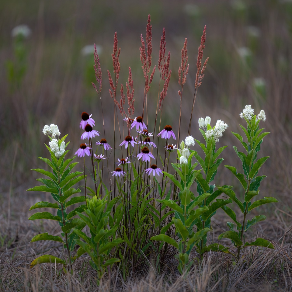 Purple Coneflowers with Grasses and White Flowers Purple Coneflowers with Grasses and White Flowers
