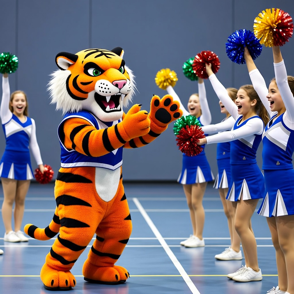 Tiger Mascot with Cheerleader Girls Tiger Mascot with Cheerleader Girls