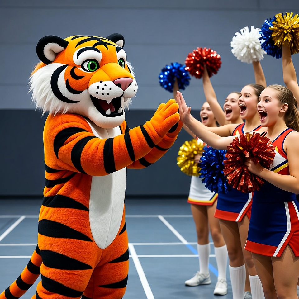 Tiger Mascot High-Fiving Cheerleaders Tiger Mascot High-Fiving Cheerleaders