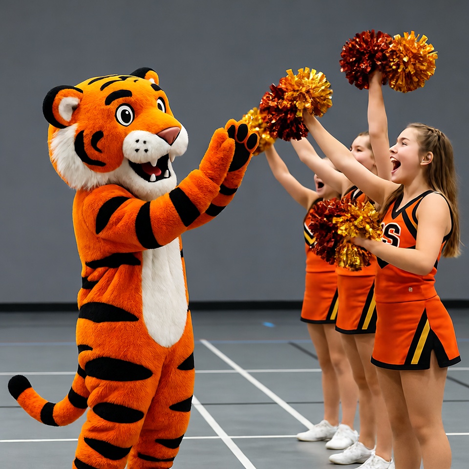 Tiger Mascot with Cheerleaders Holding Pom Poms Tiger Mascot with Cheerleaders Holding Pom Poms