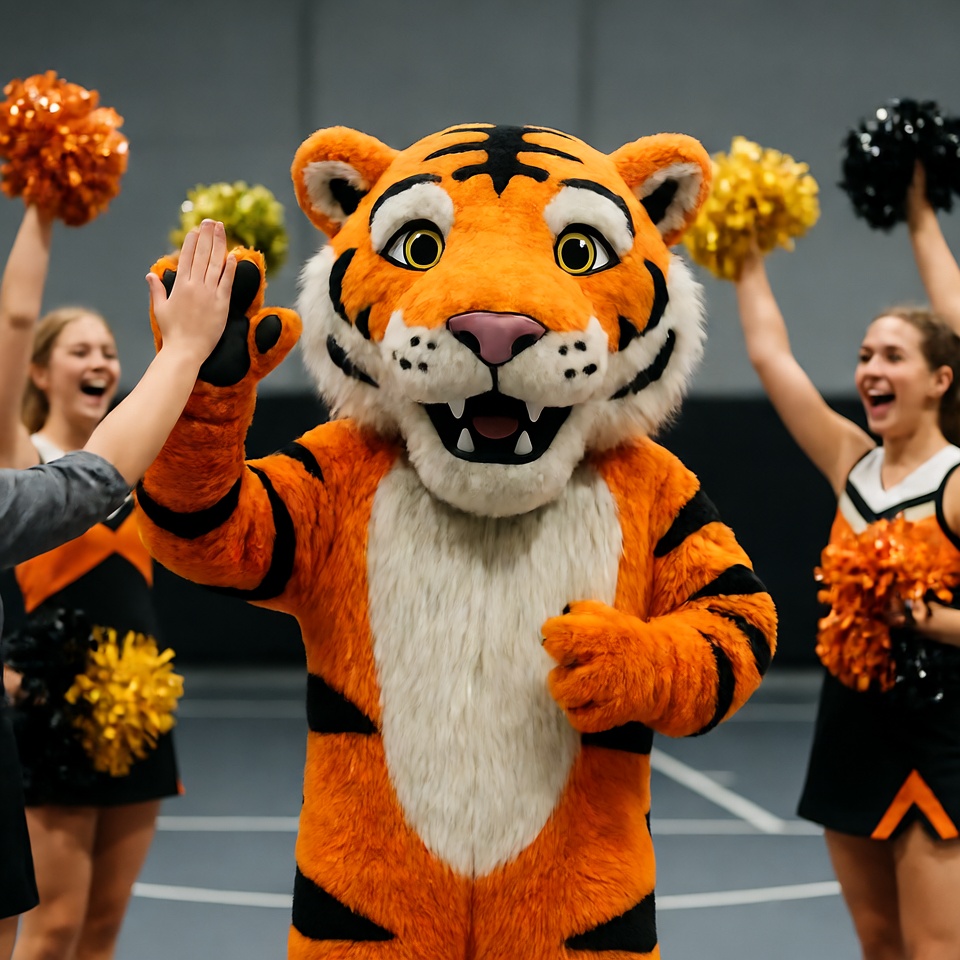 Tiger Mascot High-Fiving Cheerleaders Tiger Mascot High-Fiving Cheerleaders