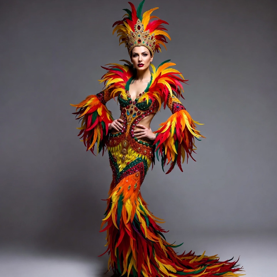 Woman in colorful feathered Carnival costume Woman in colorful feathered Carnival costume