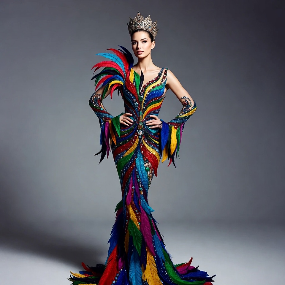 Woman in colorful feathered gown and crown Woman in colorful feathered gown and crown